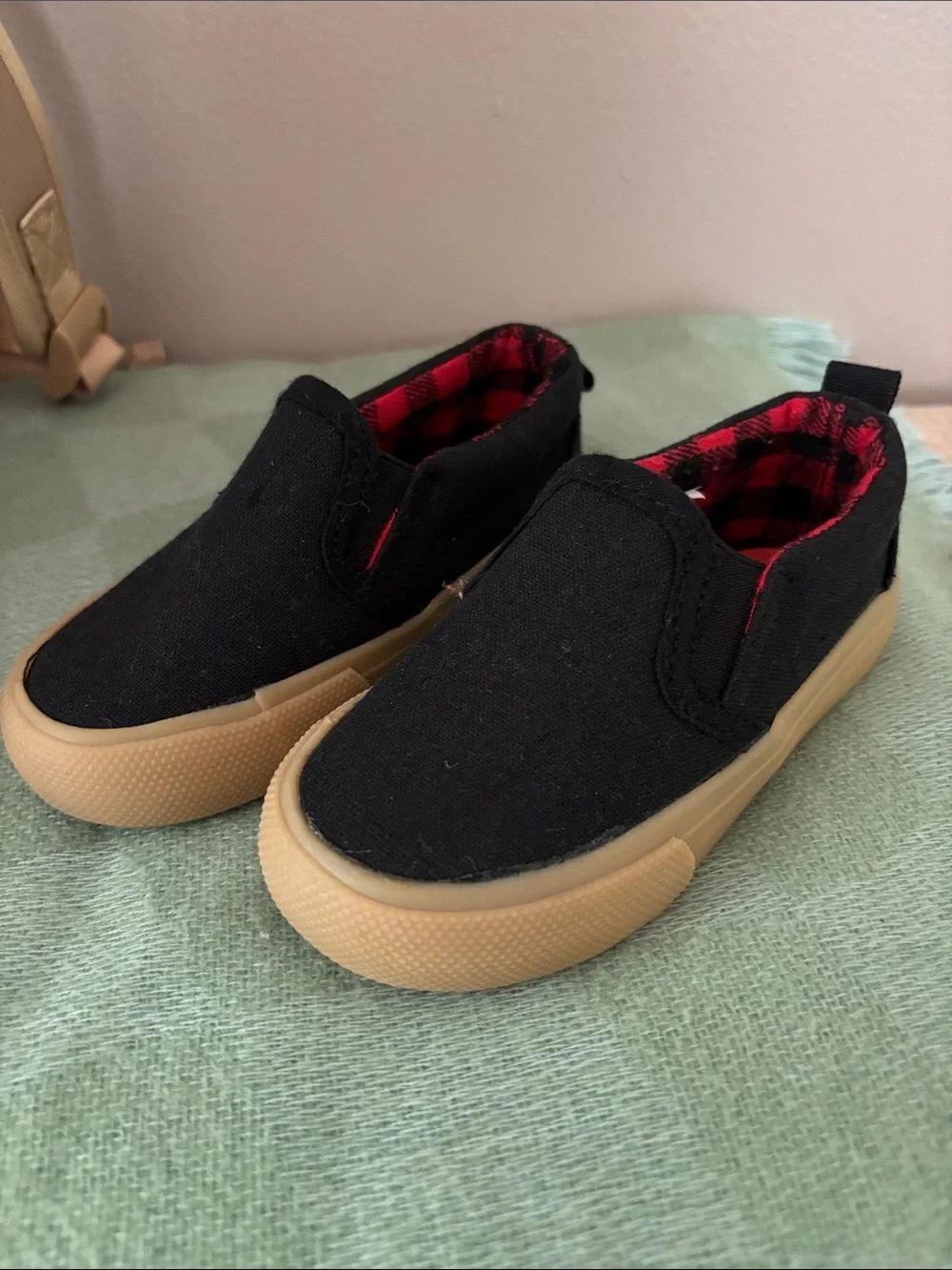 Kids Black Slip-On Canvas Dress Shoes with Red Plaid Lining